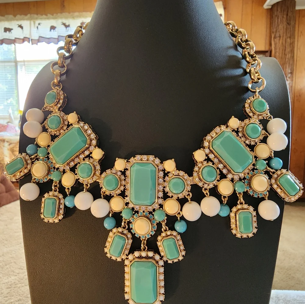 BANANA REPUBLIC Gold-Tone Statement Necklace with Aqua, White, and Ivory Accents - Picture 4 of 7